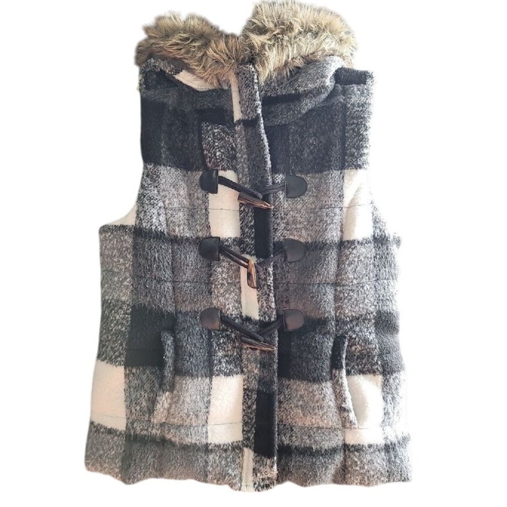 Takara‎ Buffalo Checkered ,black and white, Coat Vest w/Faux Fur accent  Medium